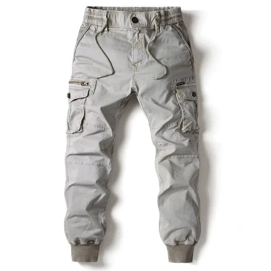 Mandotos men's gray cotton cargo pants with full-length tactical design and multiple pockets for military-style utility.