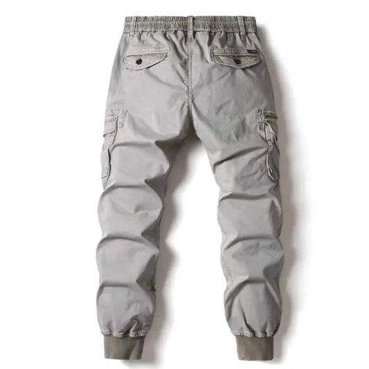 Mandotos men's gray cotton tactical cargo pants with full-length military-style design and multiple utility pockets.