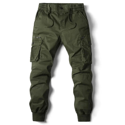 Mandotos men's gray cotton cargo pants featuring full-length tactical military-style trousers with multiple pockets and durable design.
