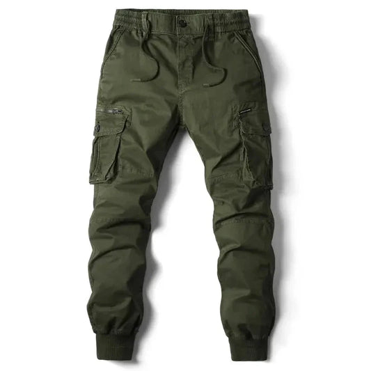 Mandotos men's gray cotton tactical cargo pants with full-length design, military-inspired cargo trousers for outdoor and casual wear.
