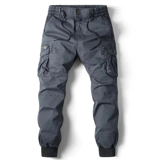 Mandotos men's gray cotton cargo pants with full-length tactical military-style design and multiple utility pockets.
