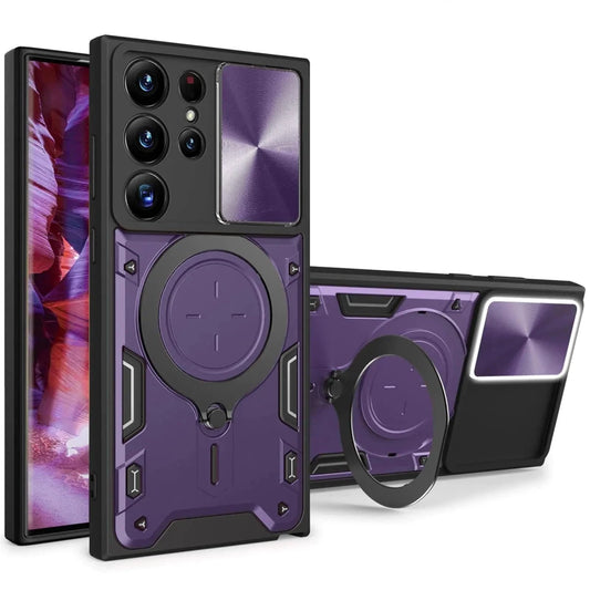 Mandotos CCSmall S23 Ultra Armor Case in purple with rotatable ring for Galaxy S23 Ultra, showing the protective design and ring feature.