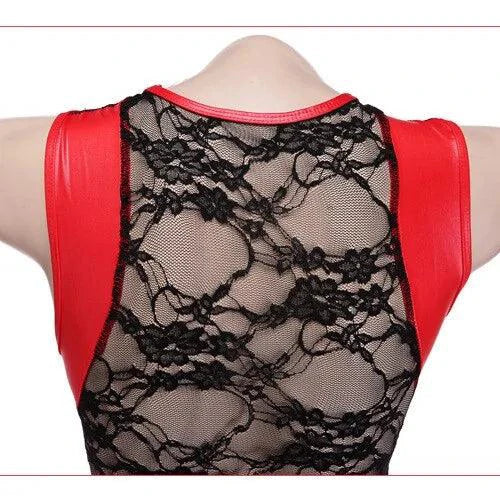 Red MANDOTOS Charmed Sensual Latex Dress displayed on a mannequin, highlighting its sleek fit and shiny latex material.