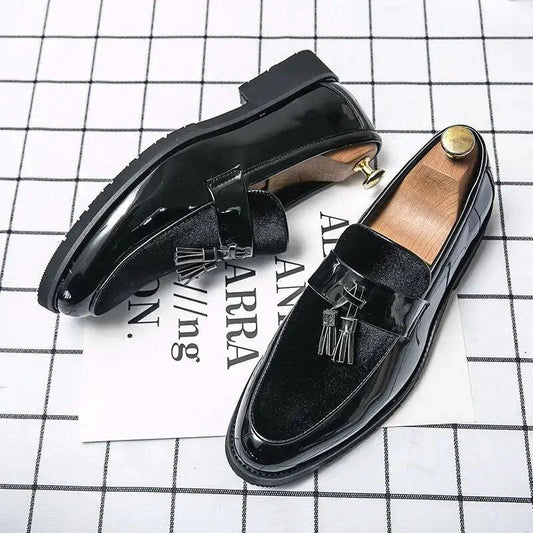 Mandotos men's blue leather loafers, college-inspired handcrafted dress shoes with classic design and premium finish.