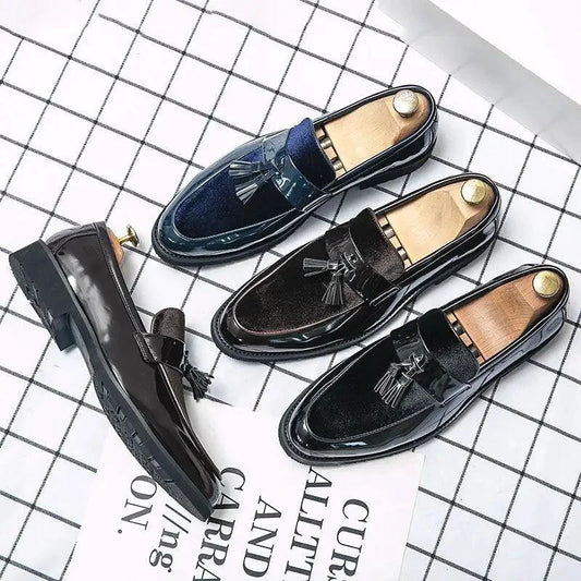 Blue Mandotos men's leather loafers with a college-inspired design, handcrafted dress shoes featuring premium craftsmanship.