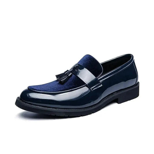Blue Mandotos men's leather loafers featuring a college-inspired design, handcrafted dress shoes with premium craftsmanship.