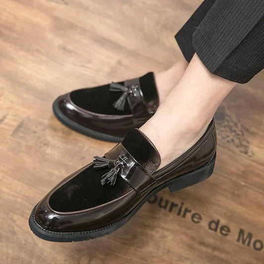 Blue Mandotos men's leather loafers with college-inspired design, handcrafted dress shoes featuring polished finish and classic style.