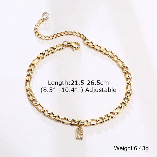 Mandotos crystal A-Z letter initial anklet for women, stainless steel Cuban link beach anklet with sparkling crystal details.