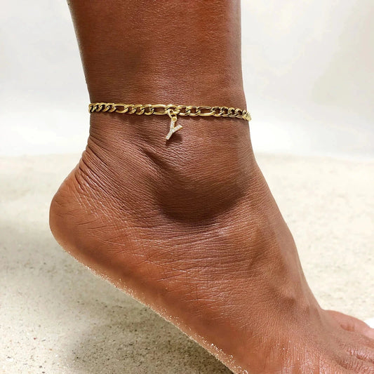 Mandotos crystal A-Z letter initial anklet for women with Cuban link stainless steel chain, beach style jewelry accessory