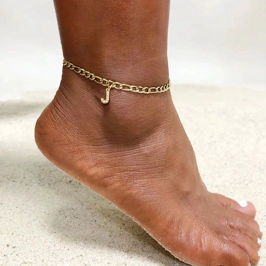 Mandotos crystal A-Z letter initial anklet for women with Cuban link chain, stainless steel beach anklet.