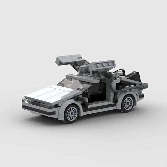 Mandotos DeLorean Time Travel Set with 214 gray building pieces for detailed model construction and imaginative play.