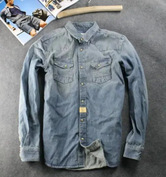 Mandotos denim long sleeve shirt with a classic casual style, durable denim fabric, and versatile design for everyday wear.