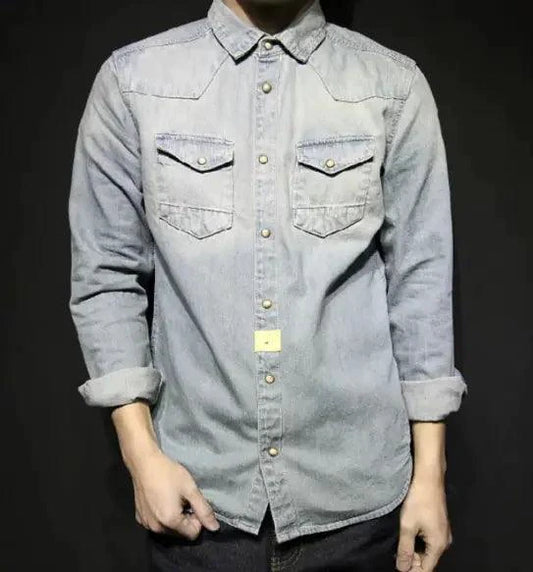 Mandotos denim long sleeve shirt with classic casual style, durable denim fabric, suitable for everyday wear in all seasons.
