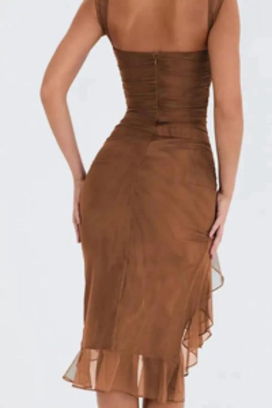 Mandotos olive green ruffled midi dress with ruched bodice and tiered hem, perfect for summer fashion.