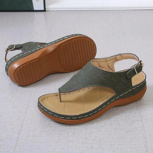 Mandotos women's wedge heel sandals with casual flip-flops style, solid color, lightweight design, and comfortable all-day wear.