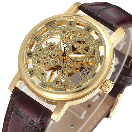 Mandotos men's mechanical watch with black dial, silver case, and leather strap, showcasing classic analog design.