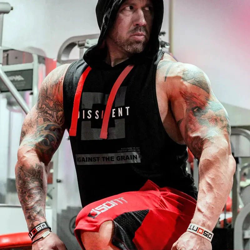 Men's breathable active hooded workout tank by MANDOTOS, featuring lightweight fabric and a comfortable fit for exercise.