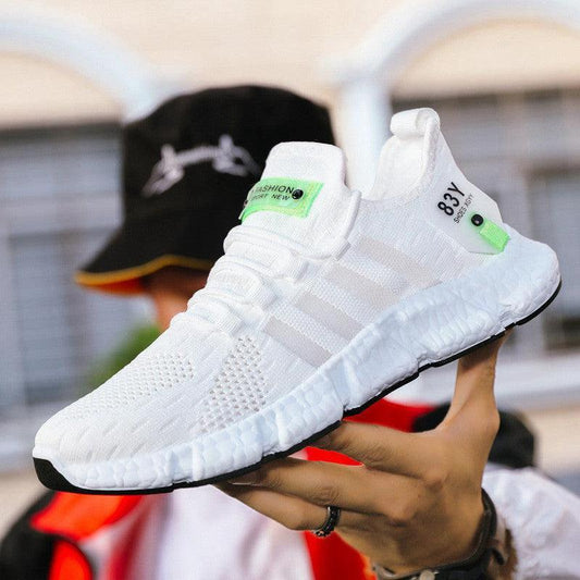 Men's breathable mesh sports shoes with flying weave upper by MANDOTOS, showcasing lightweight design and athletic style.