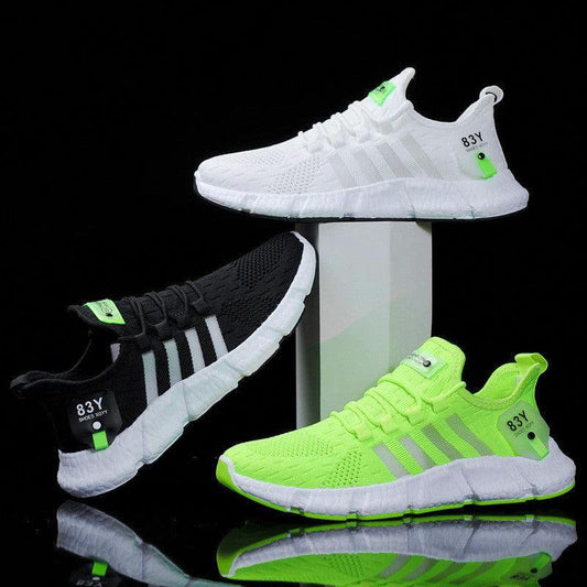 Men's breathable mesh sports shoes with flying weave upper by MANDOTOS, showing lightweight design and athletic style.