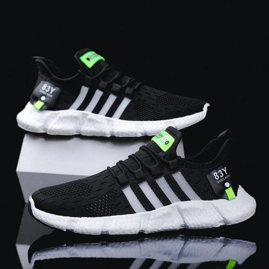 Men's breathable mesh sports shoes with flying weave upper by MANDOTOS, showcasing lightweight design and athletic style.