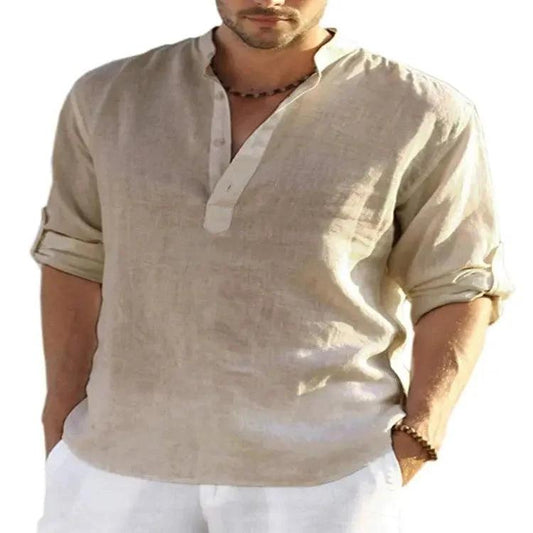 Men's casual cotton linen long sleeve shirt with a loose fit and stand collar, in solid color by MANDOTOS.