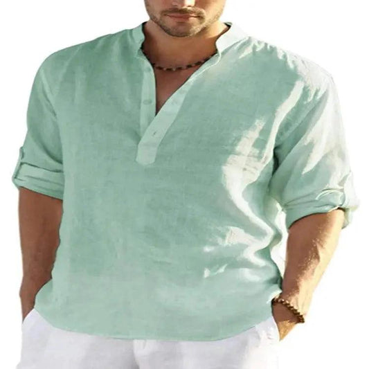 Men's casual cotton linen long sleeve shirt with a loose fit and stand collar by MANDOTOS, solid color, perfect for relaxed style.