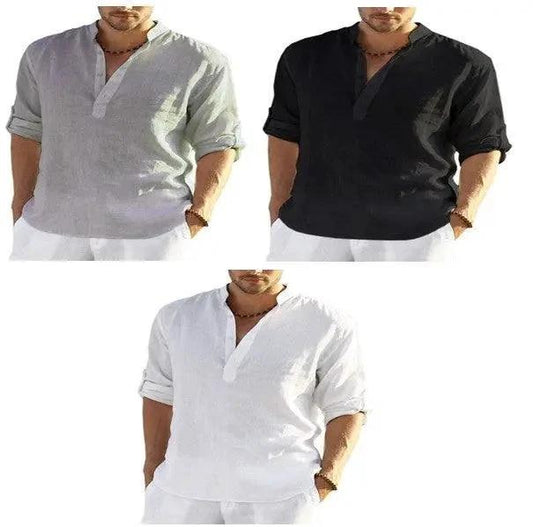 Men's casual cotton linen long sleeve shirt with a loose fit and stand collar by MANDOTOS, in a solid color.