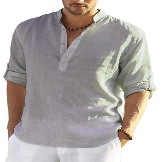 Men's casual cotton linen long sleeve shirt with loose fit and stand collar, solid color by MANDOTOS
