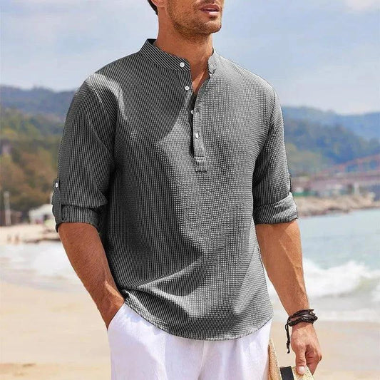 Men's casual long sleeve shirt with stand collar, solid color, stylish men's clothing from MANDOTOS.