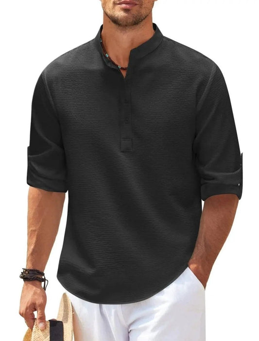 Men's casual long sleeve shirt with stand collar in solid color by MANDOTOS, suitable for everyday wear and stylish comfort.