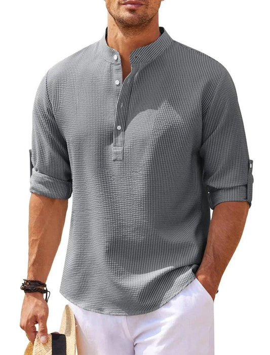 Men's casual long sleeve shirt with stand collar, solid color, by MANDOTOS, perfect for everyday men's clothing style.