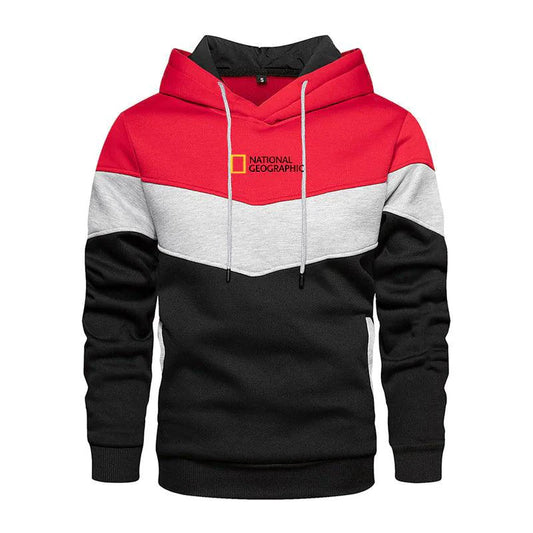 Men's casual sports panel hooded pullover sweatshirt by MANDOTOS, shown in a relaxed fit with a front kangaroo pocket and sporty design.