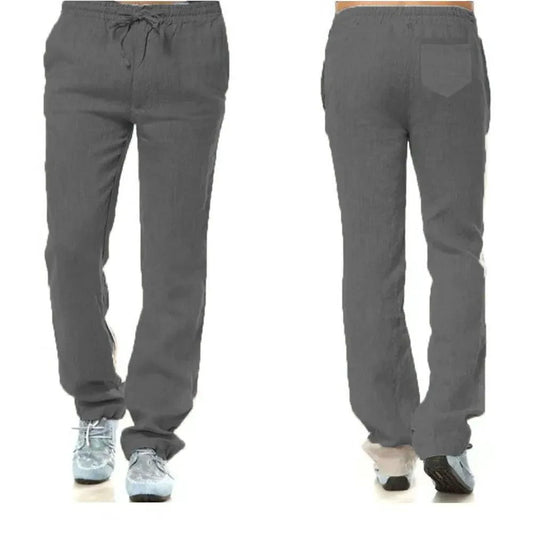 Men's cotton linen pants by MANDOTOS, lightweight and breathable, displayed in a natural relaxed fit style with neutral color fabric.