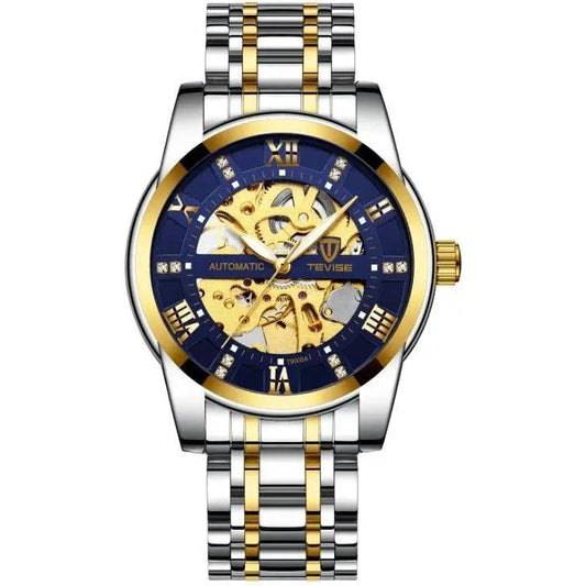 Mandotos men's fashion automatic mechanical watch with hollow design, waterproof feature, showcasing a stylish men's watch.