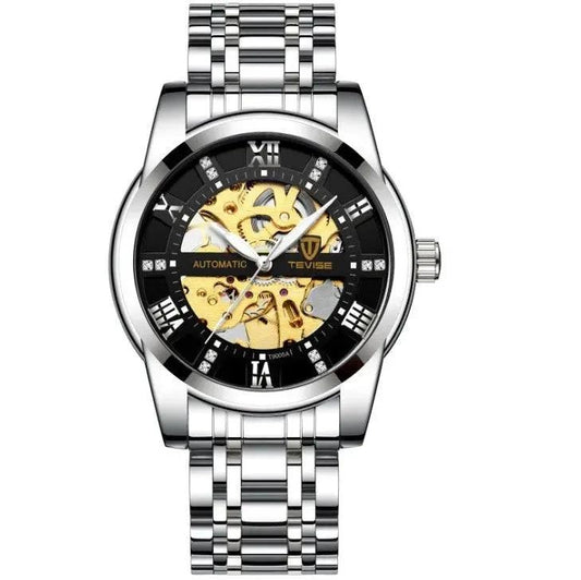 Mandotos men's fashion automatic mechanical watch with hollow design, waterproof feature, stylish and elegant for men.