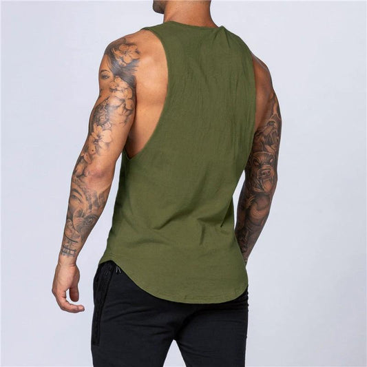 Mandotos men's gym clothing summer cotton tank top, sleeveless breathable O-neck muscle vest for jogging and bodybuilding.