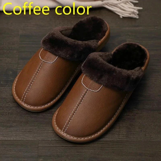 Men's luxury leather slippers by MANDOTOS featuring soft leather with elegant stitching and a comfortable slip-on design.