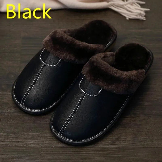 Men's luxury leather slippers by MANDOTOS featuring soft leather material and comfortable slip-on design.