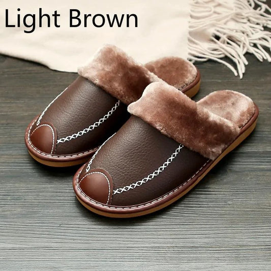 Men's luxury leather slippers by MANDOTOS featuring soft leather and classic slip-on design for comfort and style.