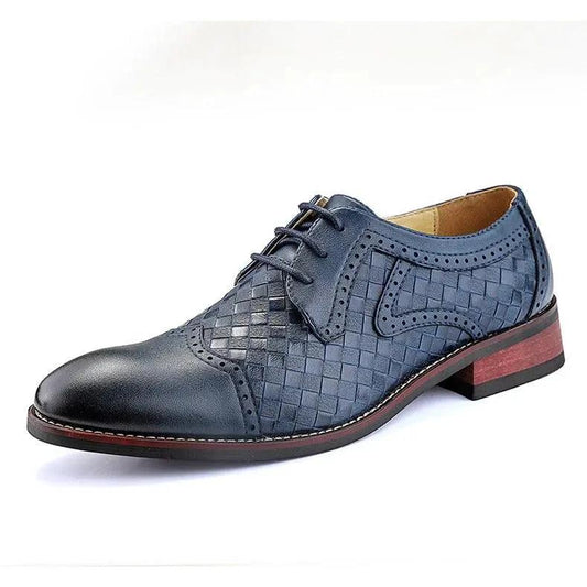 Men's pointed leather dress shoes by MANDOTOS, Korean style fashion, showcasing sleek black leather with sharp pointed toe design.