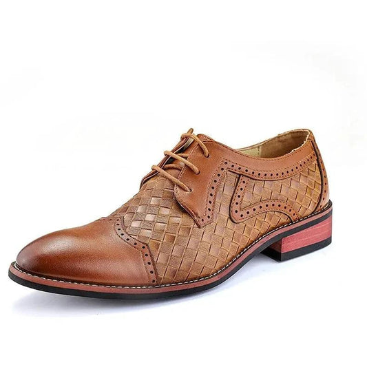 Men's pointed leather dress shoes by MANDOTOS, Korean style fashion, featuring sleek design and polished finish.