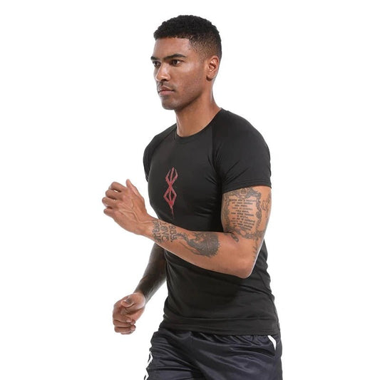 Mandotos men's short sleeve compression rash guard shirt with print design, quick-dry athletic base layer for gym and workouts.