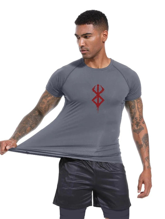 Mandotos men's short sleeve print compression shirt, quick-dry rash guard perfect for gym workouts and athletic activities.