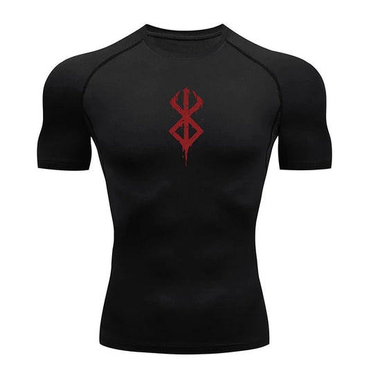 Men's MANDOTOS short sleeve compression rash guard shirt for gym, athletic quick-dry base layer, with printed design, ideal for workouts.