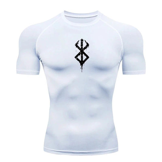 Mandotos men's short sleeve compression rash guard shirt with printed design, quick-dry fabric, ideal for gym workouts and athletic activities.