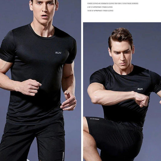 Men's quick dry compression fitness T-shirt by MANDOTOS, shown in a close-up of the black athletic top designed for active wear.