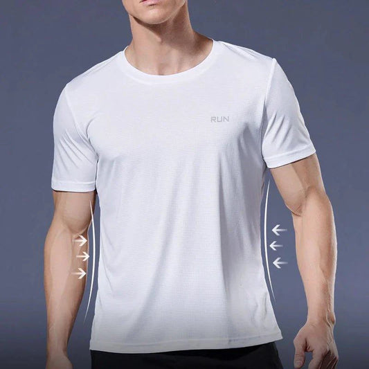 Men's quick dry compression fitness T-shirt by MANDOTOS, shown in black with a snug fit and moisture-wicking fabric for active workouts.