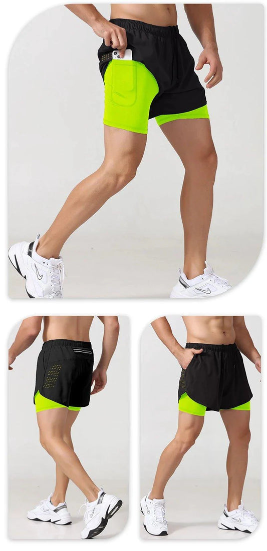 Mandotos men's black double-layer running shorts with quick-drying fabric, suitable for fitness, workout, and bodybuilding training.