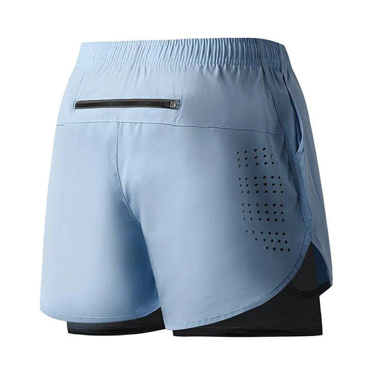 Men's black quick-drying running shorts with double layer design, ideal for fitness, workout, and bodybuilding training.