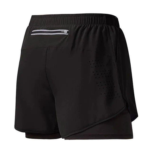 Men's black quick-drying running shorts by MANDOTOS, double-layer design, ideal for fitness, sport, workout, and bodybuilding.
